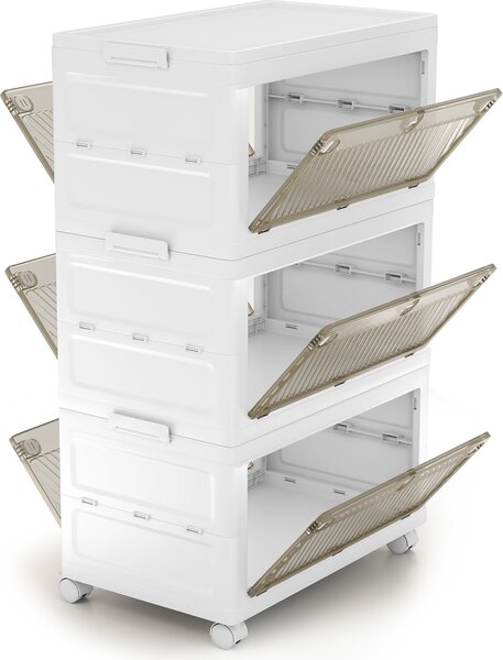 COSTWAY 126 L plastové úložné boxy stohovatelné úložné boxy s víkem skládací šatní organizér s kolečky 3-pack