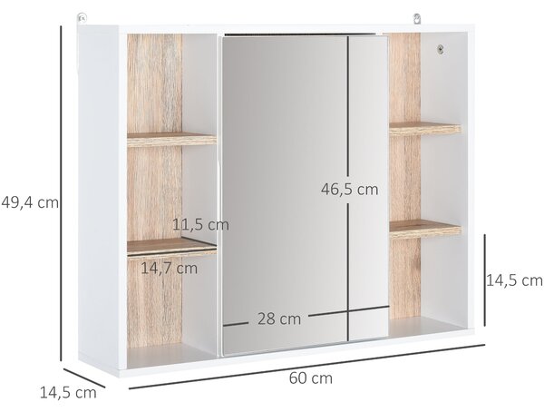 HOMCOM Zrcadlová skříňka s vnitřním prostorem a nastavovacími policemi 60x14,5x49,4 cm Bílá a dubová | Aosom