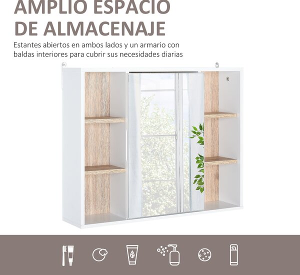 HOMCOM Zrcadlová skříňka s vnitřním prostorem a nastavovacími policemi 60x14,5x49,4 cm Bílá a dubová | Aosom