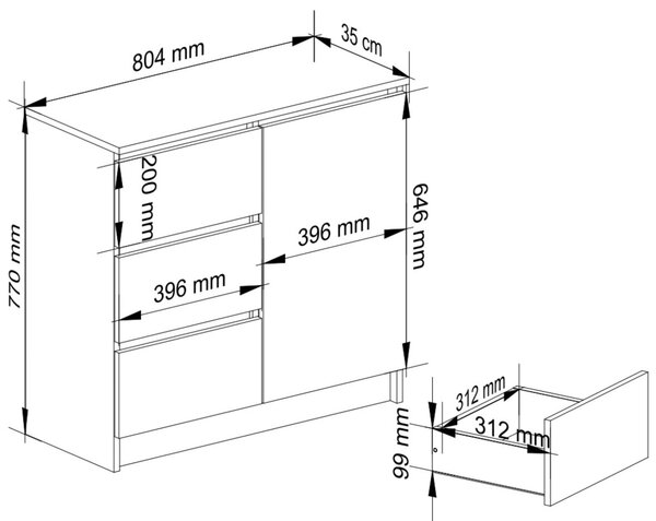 Ak furniture Komoda JERRY K 80 cm 1 dveře 3 zásuvky bílá