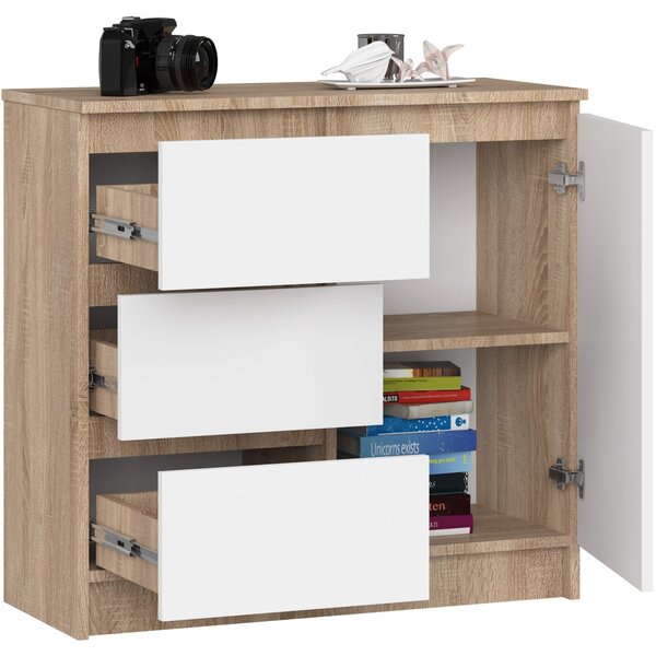 Ak furniture Komoda JERRY K 80 cm 1 dveře 3 zásuvky dub sonoma/bílá