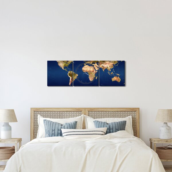 Obraz - Mapa světa (s hodinami) (90x30 cm)