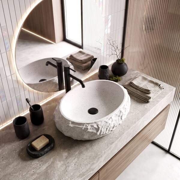 Rea Mika Cloudy, umyvadlo na desku 500x380x150 mm, bílá-imitace kamene, REA-U3584