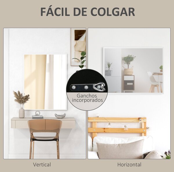 HOMCOM Obdélníkové Zrcadlo Koupelnové Zrcadlo 70x90 cm Dekorativní Zrcadlo pro Obývací Pokoj, Předsíň, Chodbu Horizontálně nebo Vertikálně Bílé | Aoso