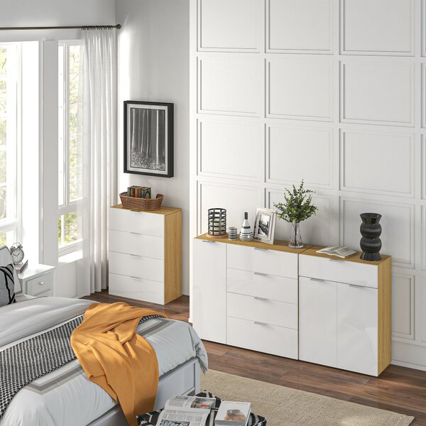 HOMCOM Komoda do ložnice, obývacího pokoje s 4 lesklými zásuvkami a nastavitelnými policemi pro jídelnu 105x35x92 cm Bílá a přírodní | Aosom
