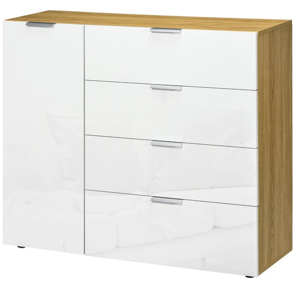 HOMCOM Komoda do ložnice, obývacího pokoje s 4 lesklými zásuvkami a nastavitelnými policemi pro jídelnu 105x35x92 cm Bílá a přírodní | Aosom