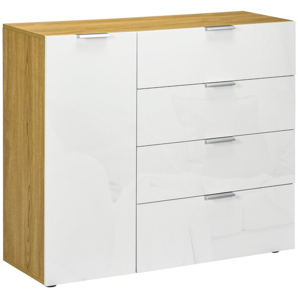 HOMCOM Komoda do ložnice, obývacího pokoje s 4 lesklými zásuvkami a nastavitelnými policemi pro jídelnu 105x35x92 cm Bílá a přírodní | Aosom