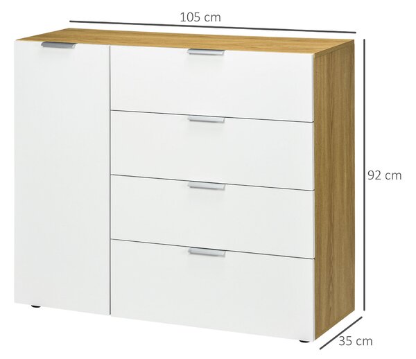 HOMCOM Komoda do ložnice, obývacího pokoje s 4 lesklými zásuvkami a nastavitelnými policemi pro jídelnu 105x35x92 cm Bílá a přírodní | Aosom