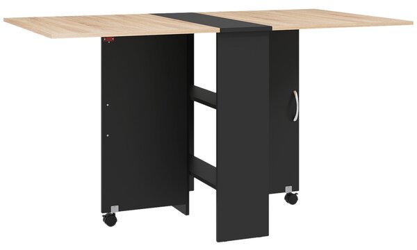 HOMCOM Skládací jídelní stůl s kolečky a skládacími křídly a policemi pro 4-6 osob 75x140x73 cm Přírodní a černá | Aosom