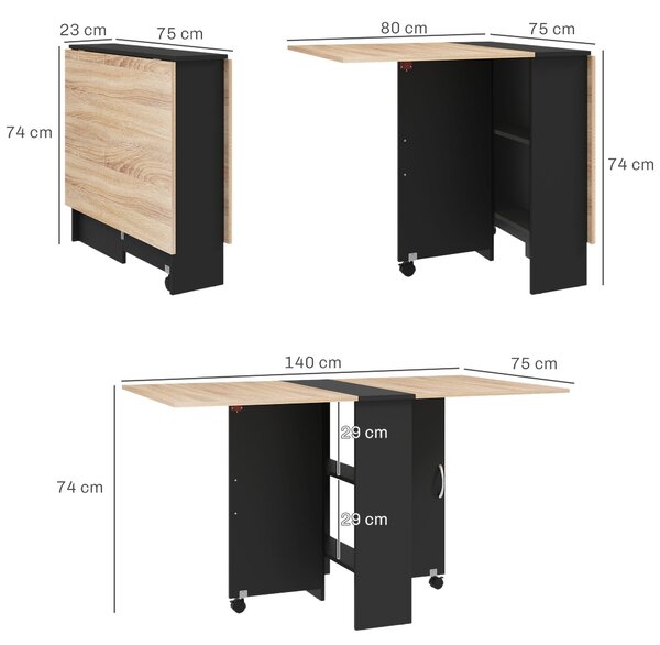 HOMCOM Skládací jídelní stůl s kolečky a skládacími křídly a policemi pro 4-6 osob 75x140x73 cm Přírodní a černá | Aosom