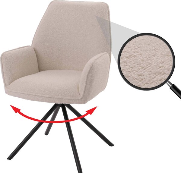 Jídelní židle HWC-G67, područky kuchyňské židle, otočná automatická poloha, látka/textil bouclé Oeko-Tex MVG krémová