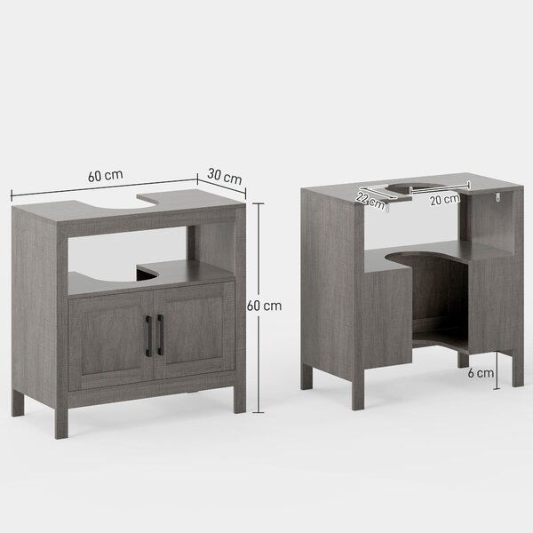 Kleankin Skříňka pod umyvadlo, dřevěná skříňka na podlaze pro koupelnu s 2 dvířky a otevřenou policí, moderní styl 60x30x60 cm, šedá | Aosom