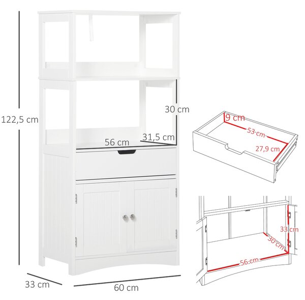 Kleankin Koupelnová skříňka se 3 policemi, šuplíkem a 2 dveřmi – Moderní skříňka na podlaze pro kuchyň, ložnici a obývací pokoj 60x33x122,5 cm Bílá |