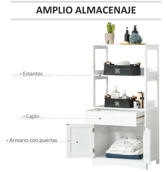 Kleankin Koupelnová skříňka se 3 policemi, šuplíkem a 2 dveřmi – Moderní skříňka na podlaze pro kuchyň, ložnici a obývací pokoj 60x33x122,5 cm Bílá |