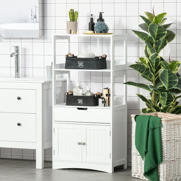 Kleankin Koupelnová skříňka se 3 policemi, šuplíkem a 2 dveřmi – Moderní skříňka na podlaze pro kuchyň, ložnici a obývací pokoj 60x33x122,5 cm Bílá |
