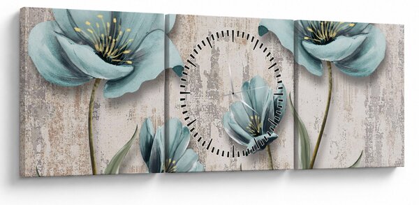 Obraz - Květy na textuře (s hodinami) (90x30 cm)