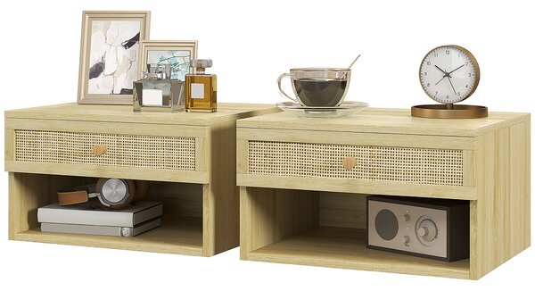 HOMCOM Set 2 Floating Nočních Stolků Závěsné Noční Stolky s Otevřeným Úložným Prostorem a Ratanovou zásuvkou pro Ložnici 40x34x23 cm Přírodní | Aosom