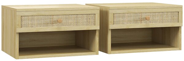 HOMCOM Set 2 Floating Nočních Stolků Závěsné Noční Stolky s Otevřeným Úložným Prostorem a Ratanovou zásuvkou pro Ložnici 40x34x23 cm Přírodní | Aosom