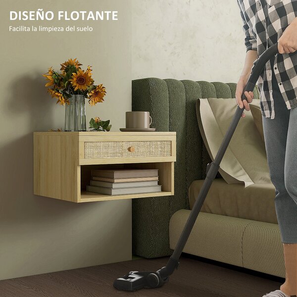 HOMCOM Set 2 Floating Nočních Stolků Závěsné Noční Stolky s Otevřeným Úložným Prostorem a Ratanovou zásuvkou pro Ložnici 40x34x23 cm Přírodní | Aosom