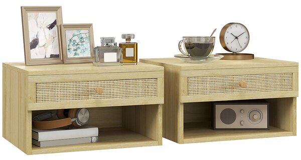 HOMCOM Set 2 Floating Nočních Stolků Závěsné Noční Stolky s Otevřeným Úložným Prostorem a Ratanovou zásuvkou pro Ložnici 40x34x23 cm Přírodní | Aosom