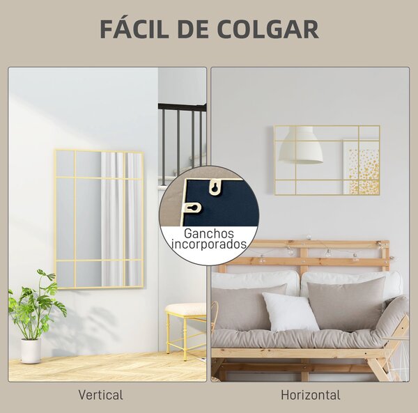 HOMCOM Obdélníkové Nástěnné Zrcadlo 90x60 cm se Zlatým Kovovým Rámem - Dekorativní Zrcadlo do Obývacího Pokoje, Ložnice a Předsíně | Aosom