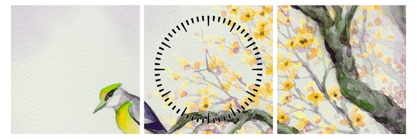 Obraz - Akvarelový ptáček na stromě (s hodinami) (90x30 cm)