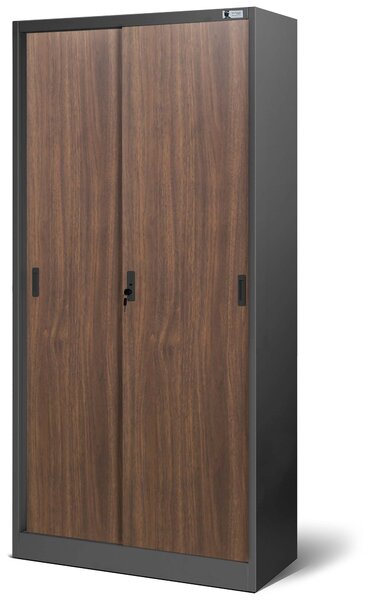 Plechová skříň s posuvnými dveřmi a policemi KUBA, 900 x 1850 x 400 mm, Eco Design: antracitová/ ořech