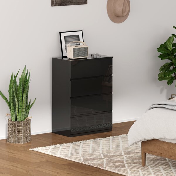 HOMCOM Moderní komoda se 4 šuplíky, design proti převrhnutí, do obývacího pokoje a chodby 55x34x80 cm lesklá černá | Aosom