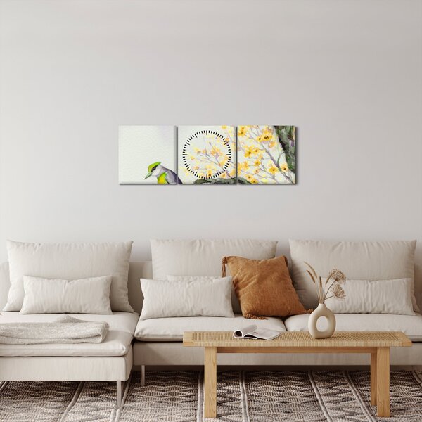 Obraz - Akvarelový ptáček na stromě (s hodinami) (90x30 cm)
