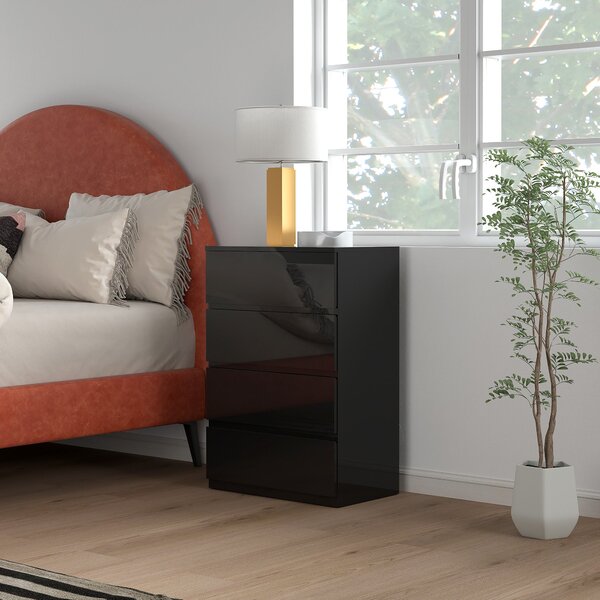 HOMCOM Moderní komoda se 4 šuplíky, design proti převrhnutí, do obývacího pokoje a chodby 55x34x80 cm lesklá černá | Aosom