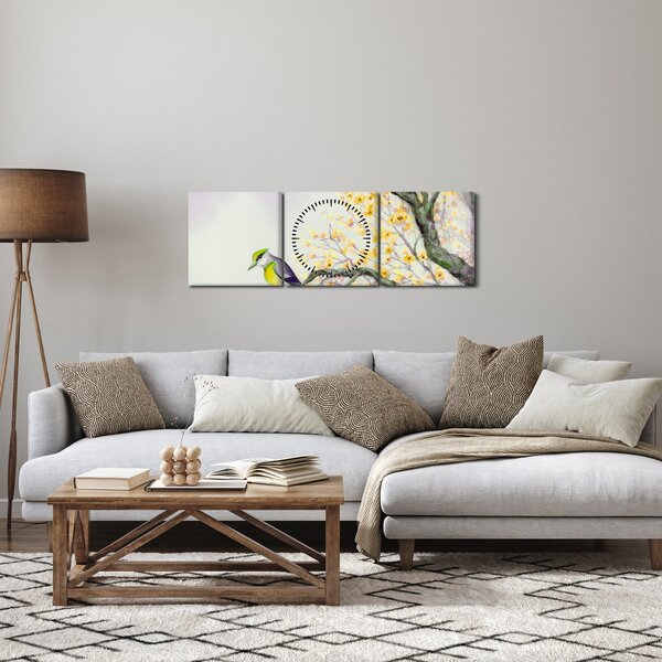 Obraz - Akvarelový ptáček na stromě (s hodinami) (90x30 cm)