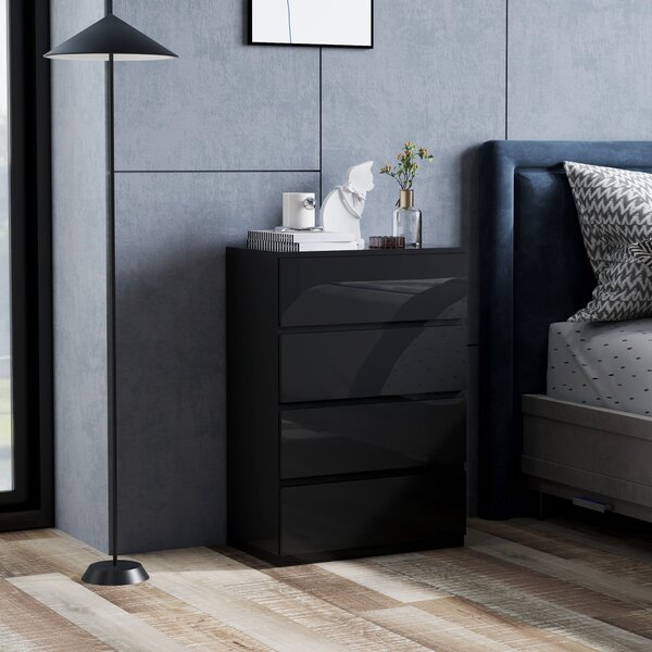 HOMCOM Moderní komoda se 4 šuplíky, design proti převrhnutí, do obývacího pokoje a chodby 55x34x80 cm lesklá černá | Aosom