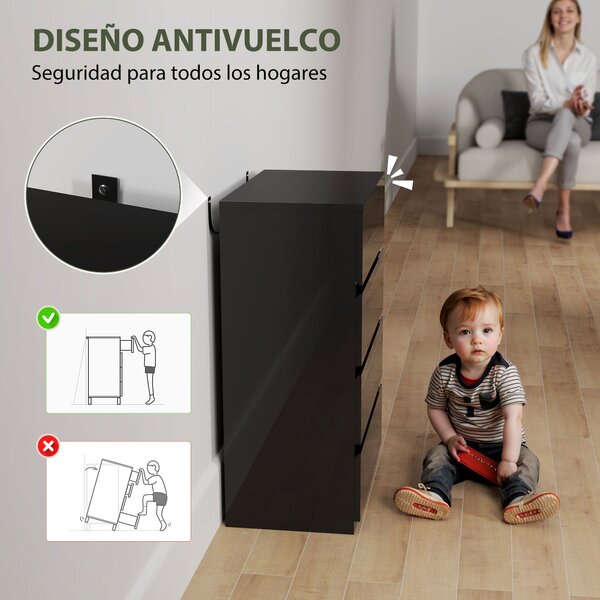 HOMCOM Moderní komoda se 4 šuplíky, design proti převrhnutí, do obývacího pokoje a chodby 55x34x80 cm lesklá černá | Aosom