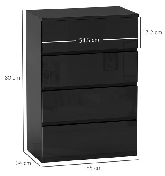 HOMCOM Moderní komoda se 4 šuplíky, design proti převrhnutí, do obývacího pokoje a chodby 55x34x80 cm lesklá černá | Aosom