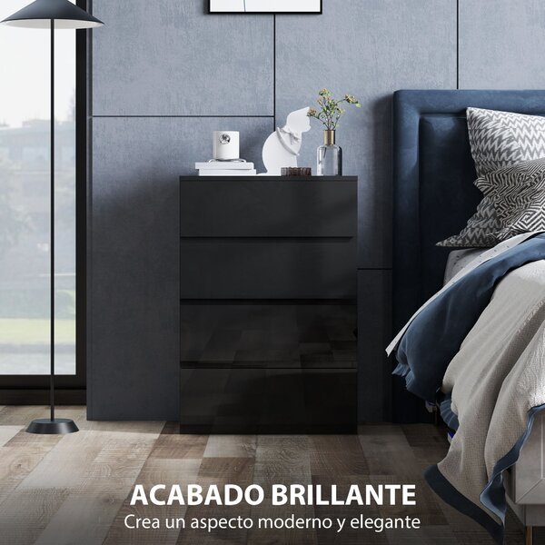 HOMCOM Moderní komoda se 4 šuplíky, design proti převrhnutí, do obývacího pokoje a chodby 55x34x80 cm lesklá černá | Aosom