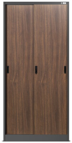 Plechová skříň s posuvnými dveřmi a policemi KUBA, 900 x 1850 x 400 mm, Eco Design: antracitová/ ořech