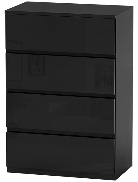 HOMCOM Moderní komoda se 4 šuplíky, design proti převrhnutí, do obývacího pokoje a chodby 55x34x80 cm lesklá černá | Aosom