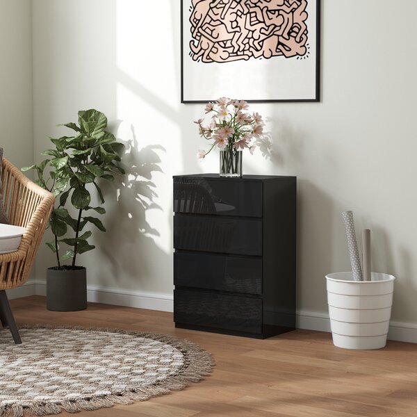 HOMCOM Moderní komoda se 4 šuplíky, design proti převrhnutí, do obývacího pokoje a chodby 55x34x80 cm lesklá černá | Aosom