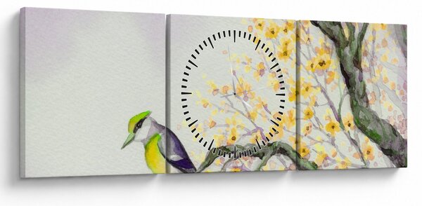 Obraz - Akvarelový ptáček na stromě (s hodinami) (90x30 cm)