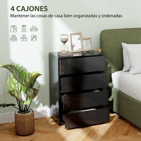 HOMCOM Moderní komoda se 4 šuplíky, design proti převrhnutí, do obývacího pokoje a chodby 55x34x80 cm lesklá černá | Aosom