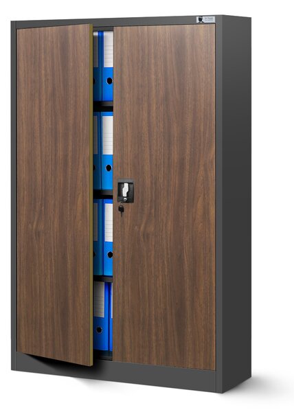 Plechová policová skříň KEVIN, 900 x 1400 x 400 mm, Eco Design: antracitová/ ořech