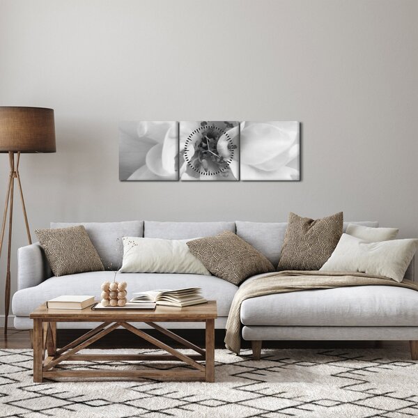 Obraz - Květ, černobílá (s hodinami) (90x30 cm)