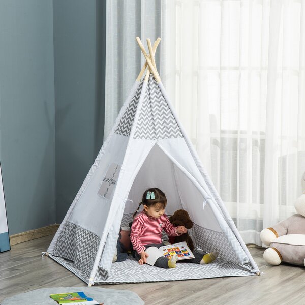 Dětský teepee stan HOMCOM pro děti od 3 let - Dřevěný tipi se stahovacími okny, podložkou a taškou pro snadné přenášení, pro vnitřní a venkovní použit