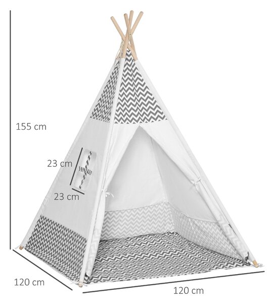 Dětský teepee stan HOMCOM pro děti od 3 let - Dřevěný tipi se stahovacími okny, podložkou a taškou pro snadné přenášení, pro vnitřní a venkovní použit