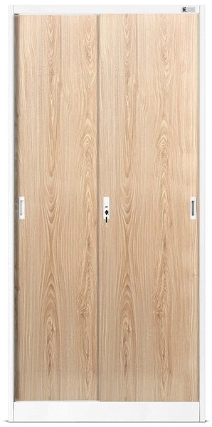 Plechová skříň s posuvnými dveřmi a policemi KUBA, 900 x 1850 x 400 mm, Eco Design: bílá/ dub sonoma