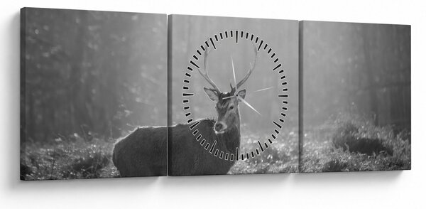 Obraz - Jelen v lese, černobílá (s hodinami) (90x30 cm)