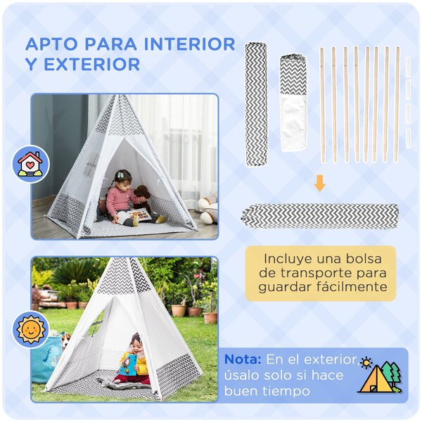 Dětský teepee stan HOMCOM pro děti od 3 let - Dřevěný tipi se stahovacími okny, podložkou a taškou pro snadné přenášení, pro vnitřní a venkovní použit