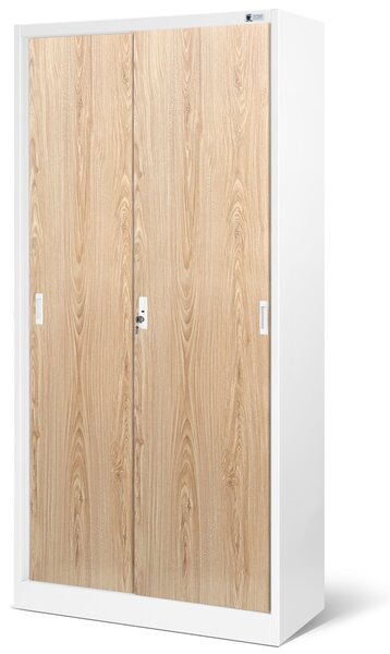 Plechová skříň s posuvnými dveřmi a policemi KUBA, 900 x 1850 x 400 mm, Eco Design: bílá/ dub sonoma