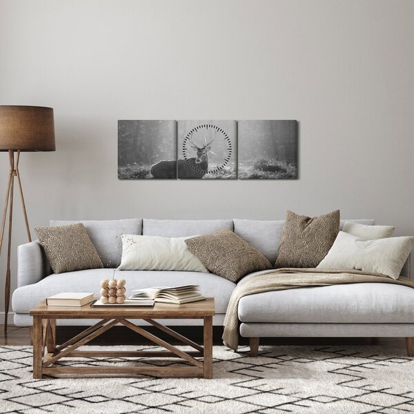 Obraz - Jelen v lese, černobílá (s hodinami) (90x30 cm)