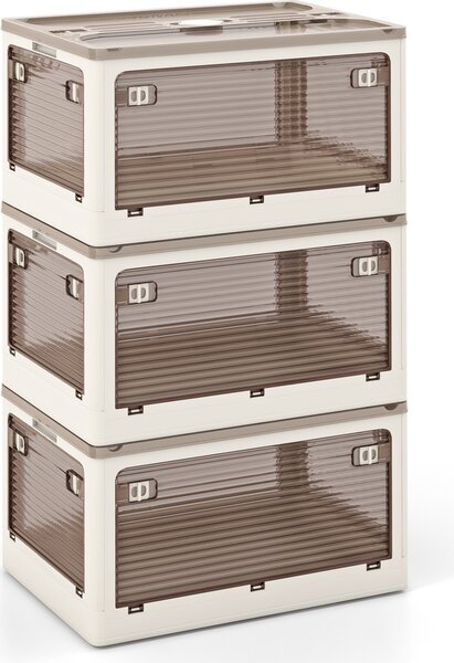 Úložné boxy COSTWAY s víkem, sada 3 stohovatelných boxů na kolečkách, skládací boxy, přístupné z 5 stran, plastové, bezpečný uzávěr, průhledné (132L)